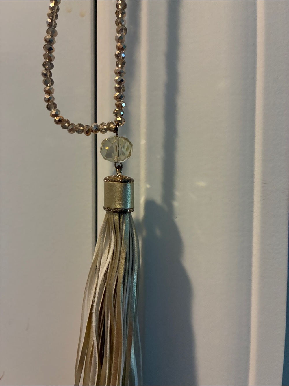 Long Beaded Necklace with Cream Tassel